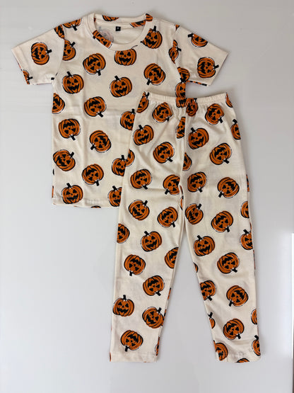 Beige Pumpkin Print T-Shirt and Pant Co-ords