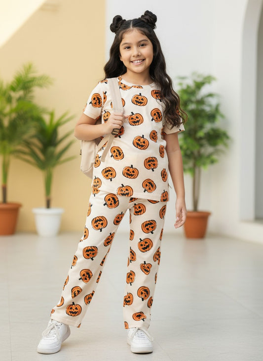 Beige Pumpkin Print T-Shirt and Pant Co-ords