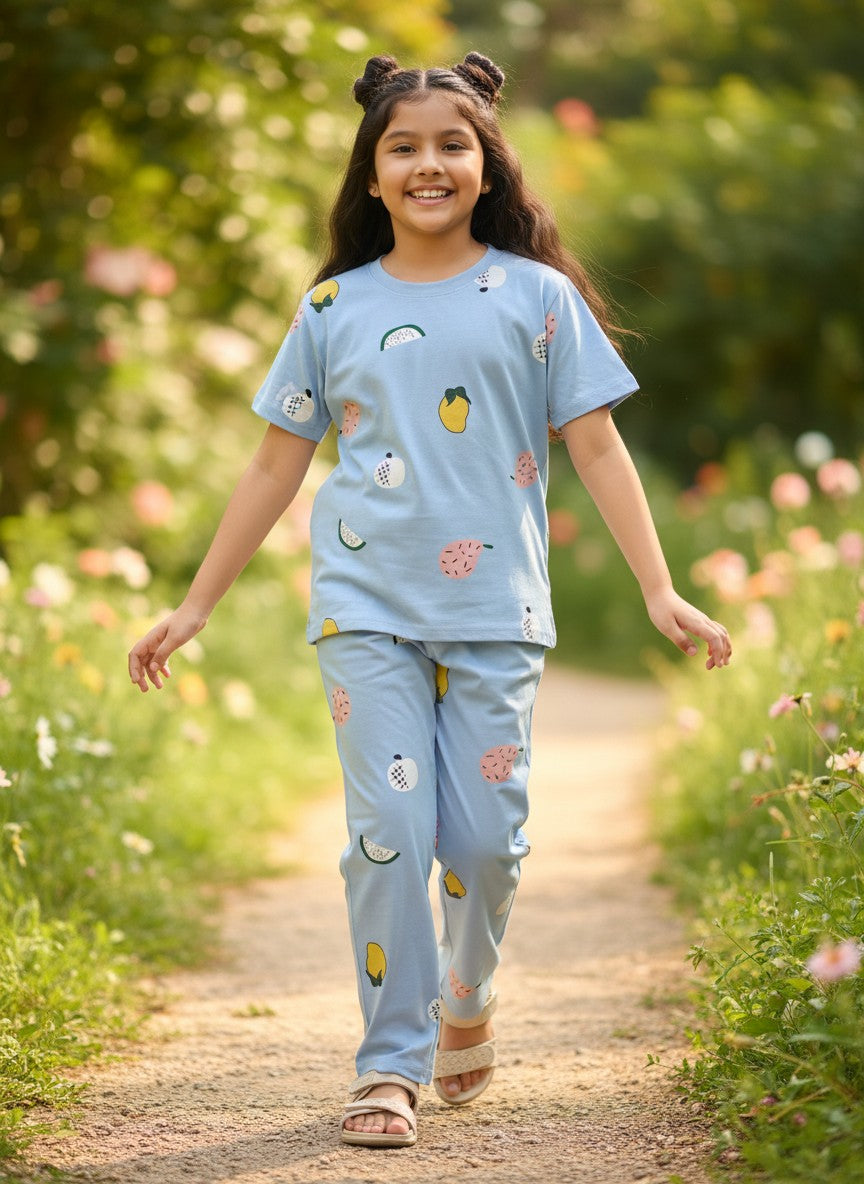 Sky Blue Fruit Print T-Shirt and Pant Co-ords