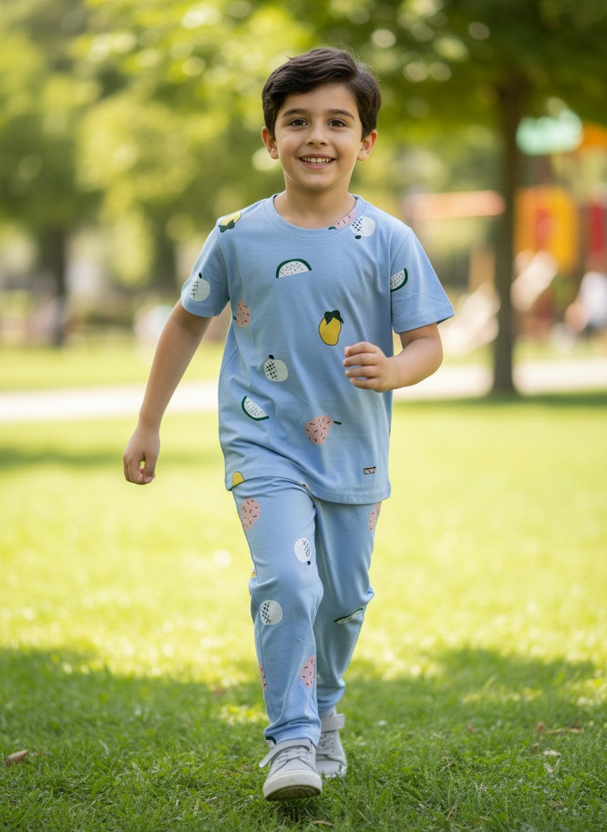 Sky Blue Fruit Print T-Shirt and Pant Co-ords