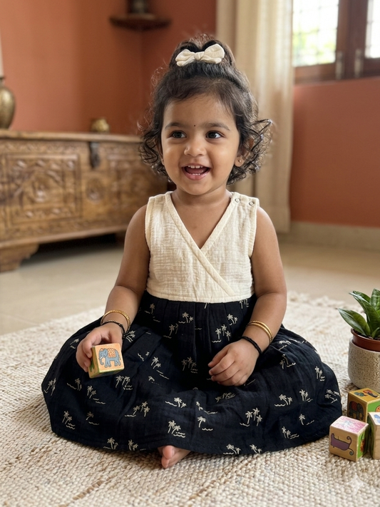 Cream and Navy Palm Print Frock