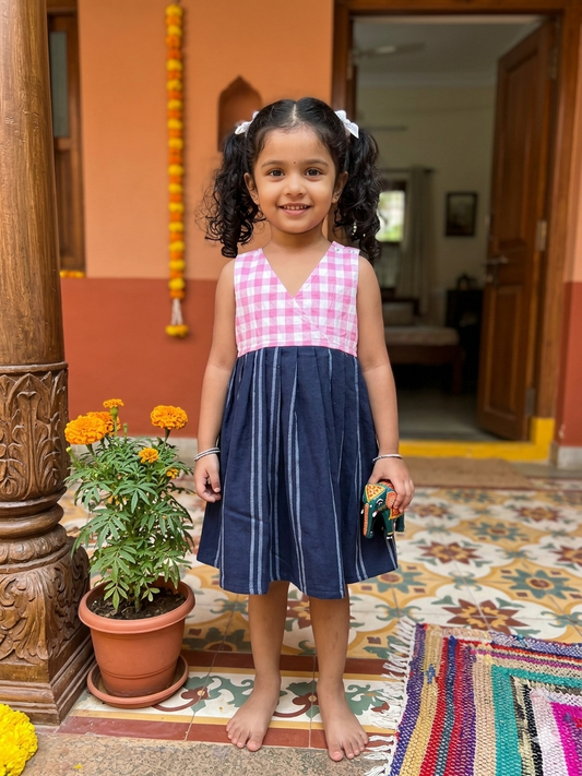 Pink Checked and Navy Striped Frock