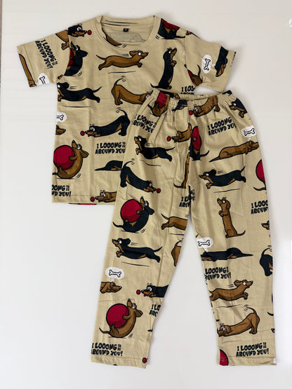 Beige Dachshund Dog Print T-Shirt and Pant Co-ords