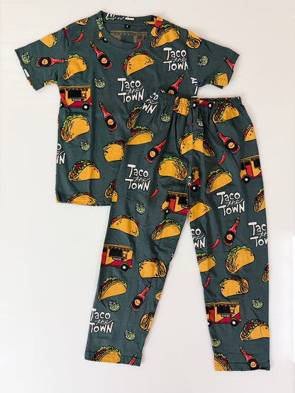 Green Taco Print T-Shirt and Pant Co-ords