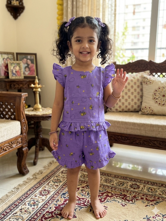Purple Bee Print Top and Shorts Coords