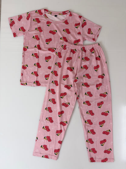 Pink Cherry Print T-Shirt and Pant Co-ords