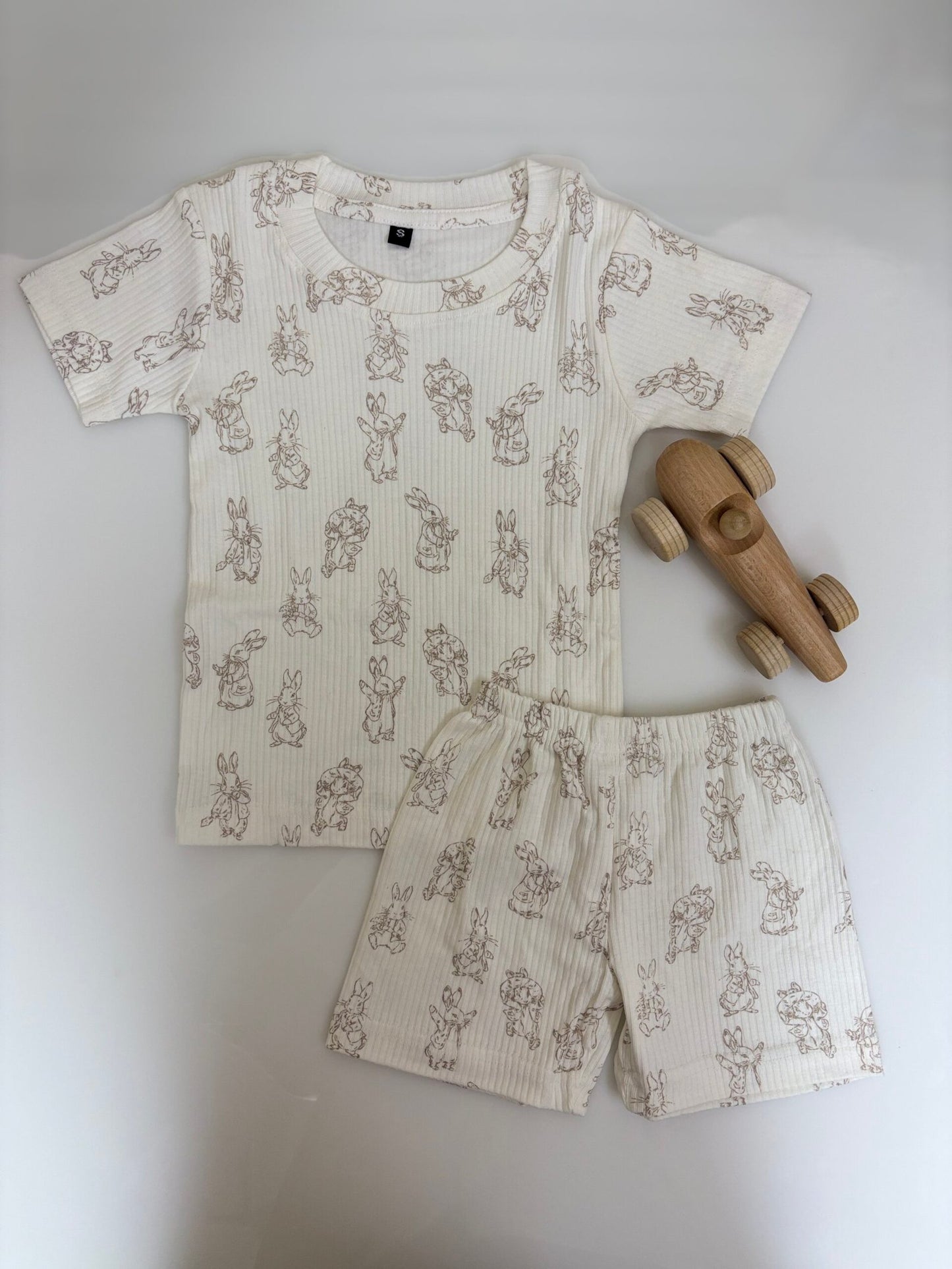 Half White Ribbed Bunny Printed Kids T-shirt and Shorts Coords