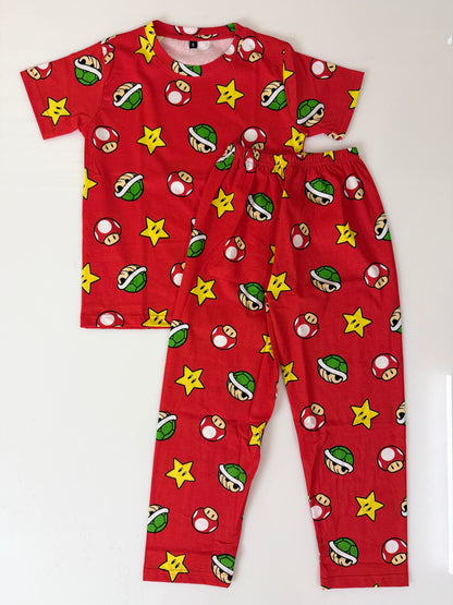 Red Gaming Icons Print T-Shirt and Pant Co-ords