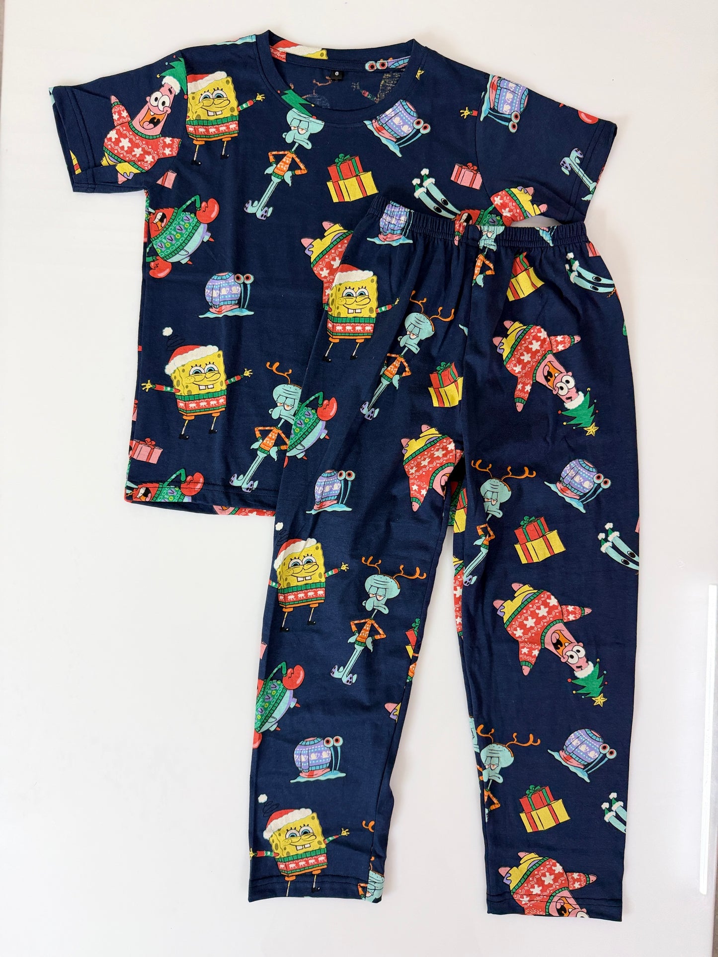 Navy Christmas Cartoon Print T-Shirt and Pant Co-ords