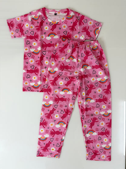 Pink Unicorn Rainbow Print T-Shirt and Pant Co-ords