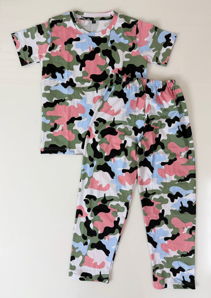 Multicolor Camouflage Print T-Shirt and Pant Co-ords
