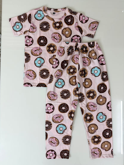 Pink Donut Print T-Shirt and Pant Co-ords
