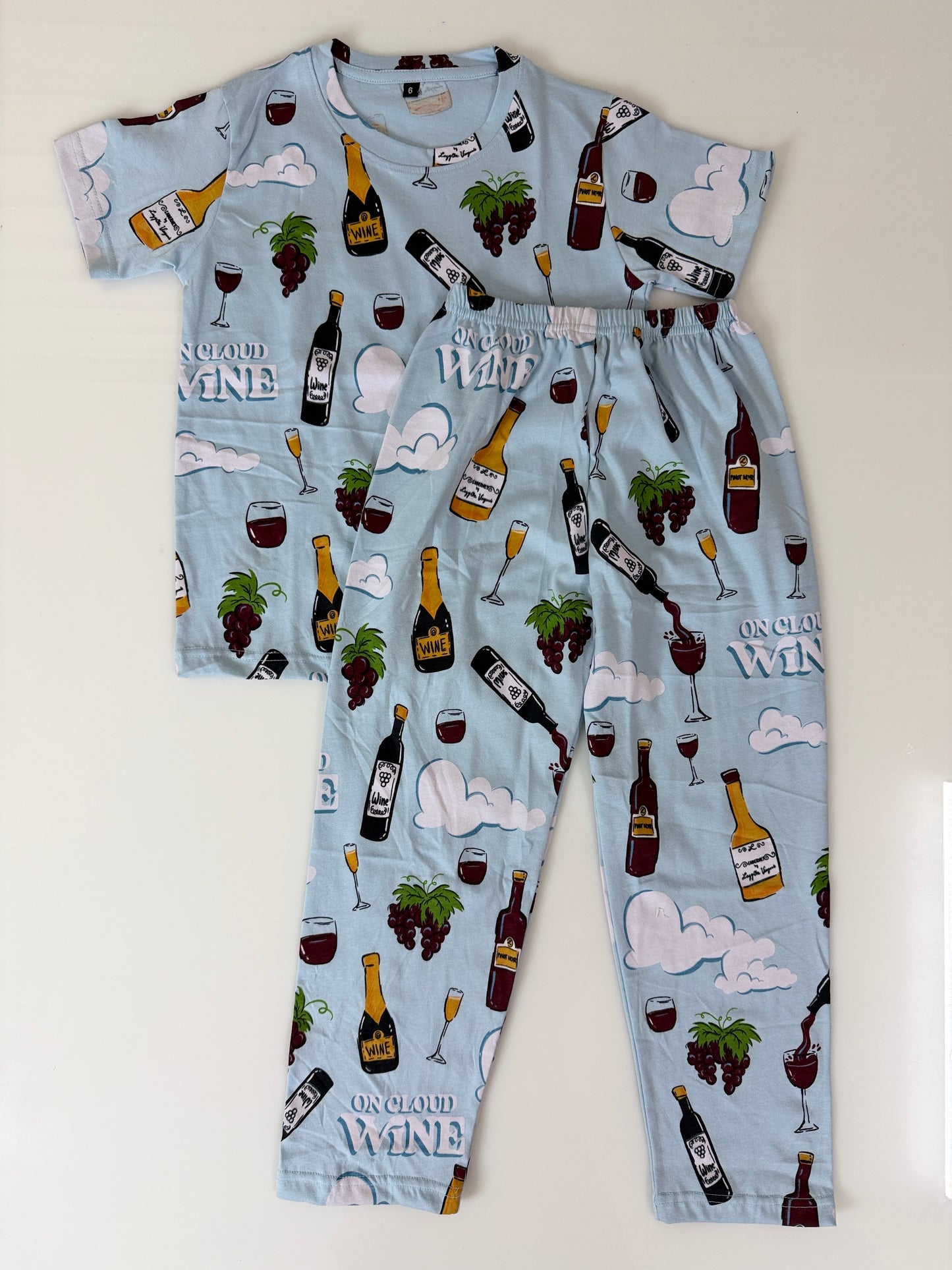 Sky Blue Wine Print T-Shirt and Pant Co-ords