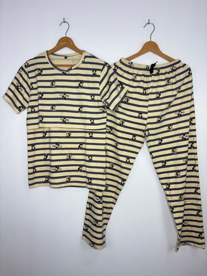 Cream Mickey Printed Feeding T-shirt And Pants