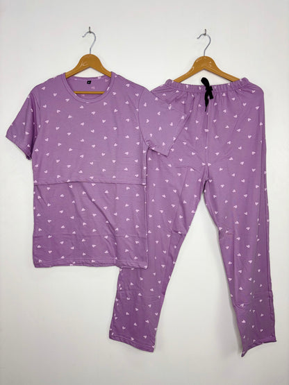 Lavender Heart Printed Feeding T-shirt And Pants