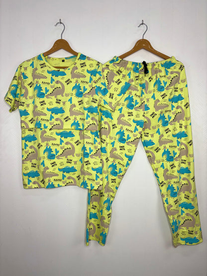 Lime Green Dinosaur Printed Feeding T-shirt And Pants