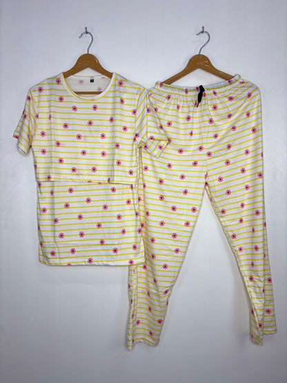White Floral Striped Feeding T-shirt And Pants