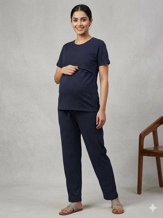 Black Polka Dot Printed Feeding T-shirt And Pants