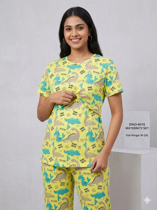 Lime Green Dinosaur Printed Feeding T-shirt And Pants