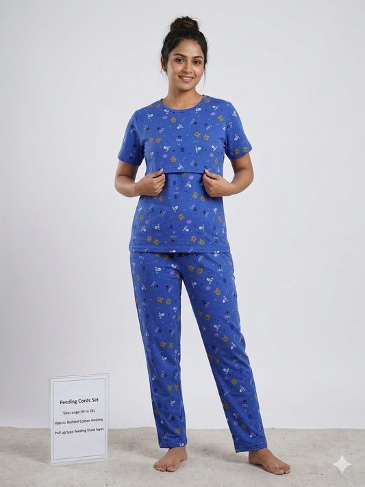 Royal Blue Cartoon Printed Feeding T-shirt And Pants