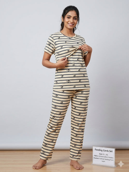 Cream Mickey Printed Feeding T-shirt And Pants