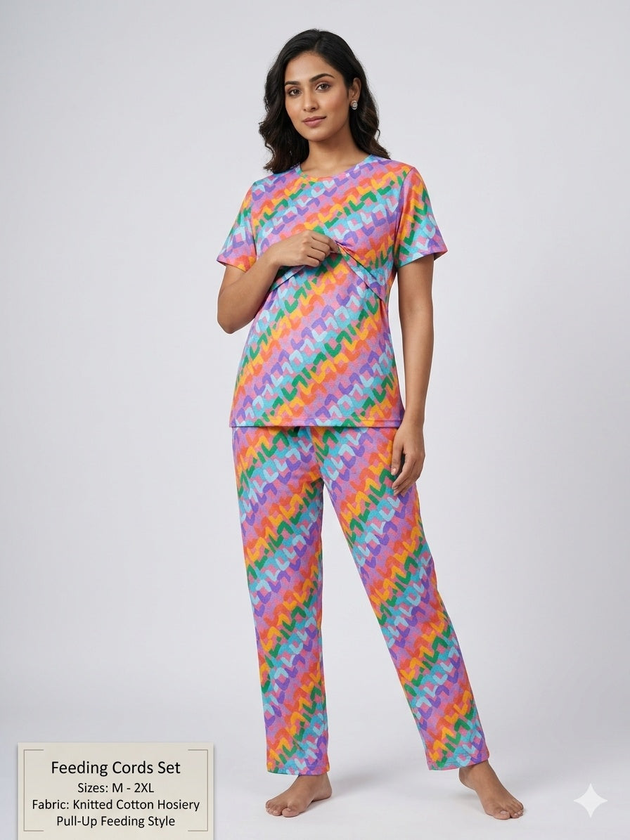 Pink Multicolor Heart Printed Feeding T-shirt And Pants