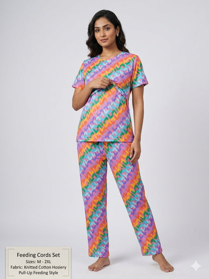 Pink Multicolor Heart Printed Feeding T-shirt And Pants