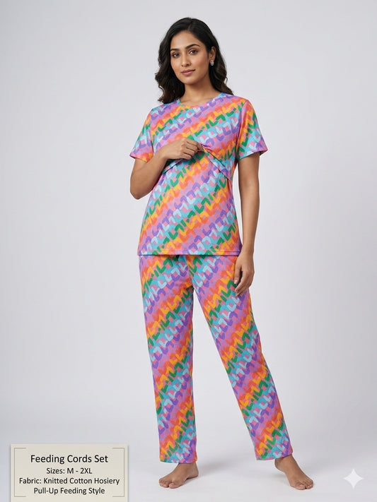 Pink Multicolor Heart Printed Feeding T-shirt And Pants