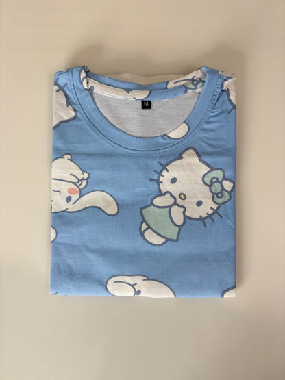 Sky Blue Kitty Print Long Tunic