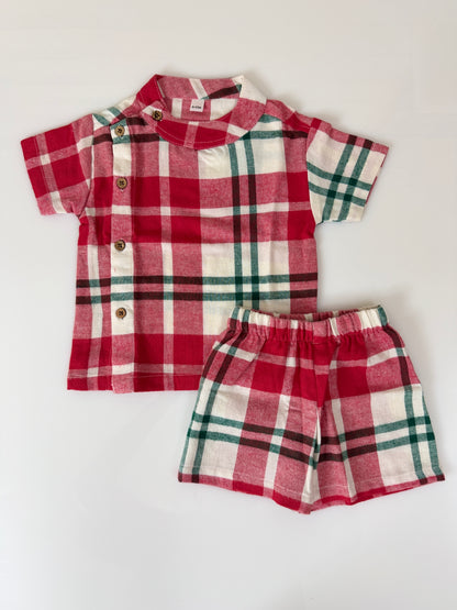 Red Checkered Kids Outdoor Shirt & Shorts Coords