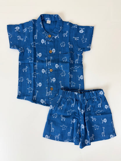 Blue Animal Kids Outdoor Shirt & Shorts Coords