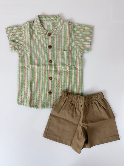 Brown Striped Kids Outdoor Shirt & Shorts Coords