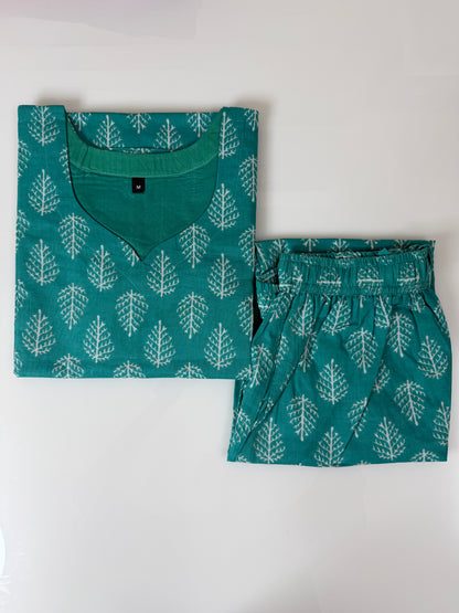 Sea Green with Leaf Print Outdoor Wear Coords