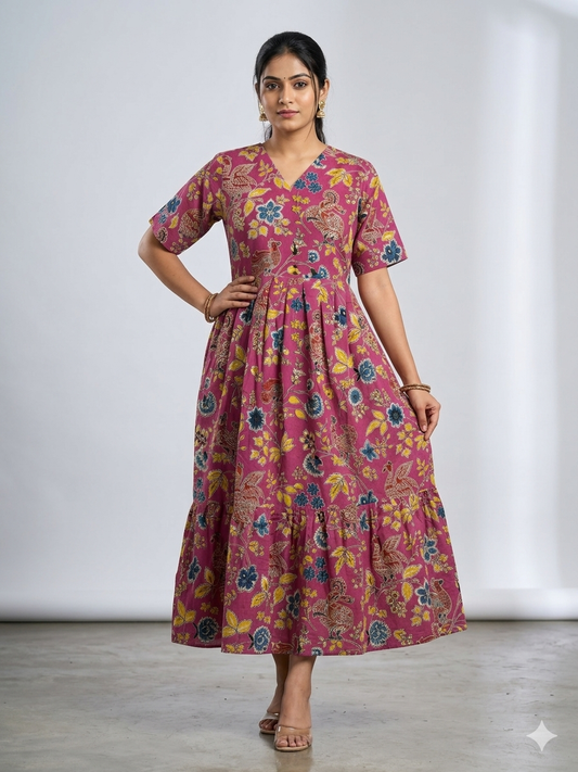 Kalamkari Prints Cotton Frocks Peacock Floral Print