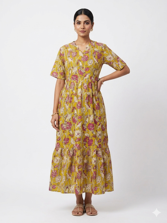 Kalamkari Prints Cotton Frocks Lotus Pond Print