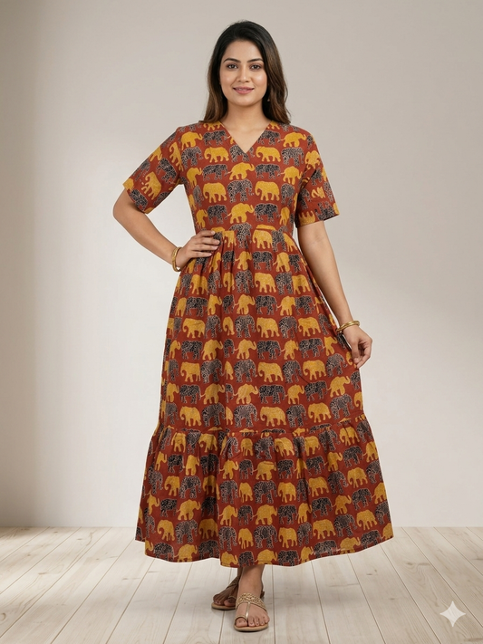 Kalamkari Prints Cotton Frocks Elephant Print