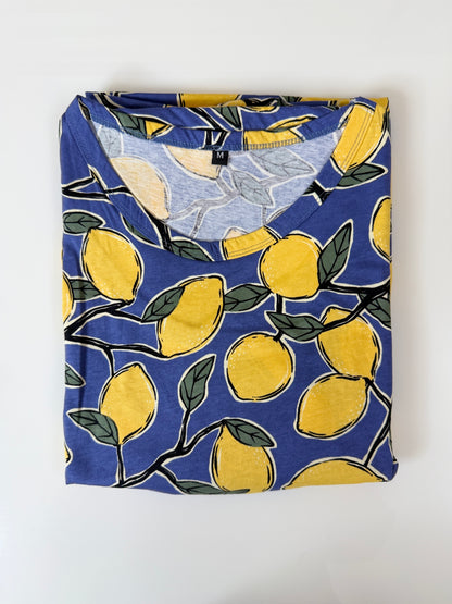Blue Lemon Print Maternity Feeding Maxi