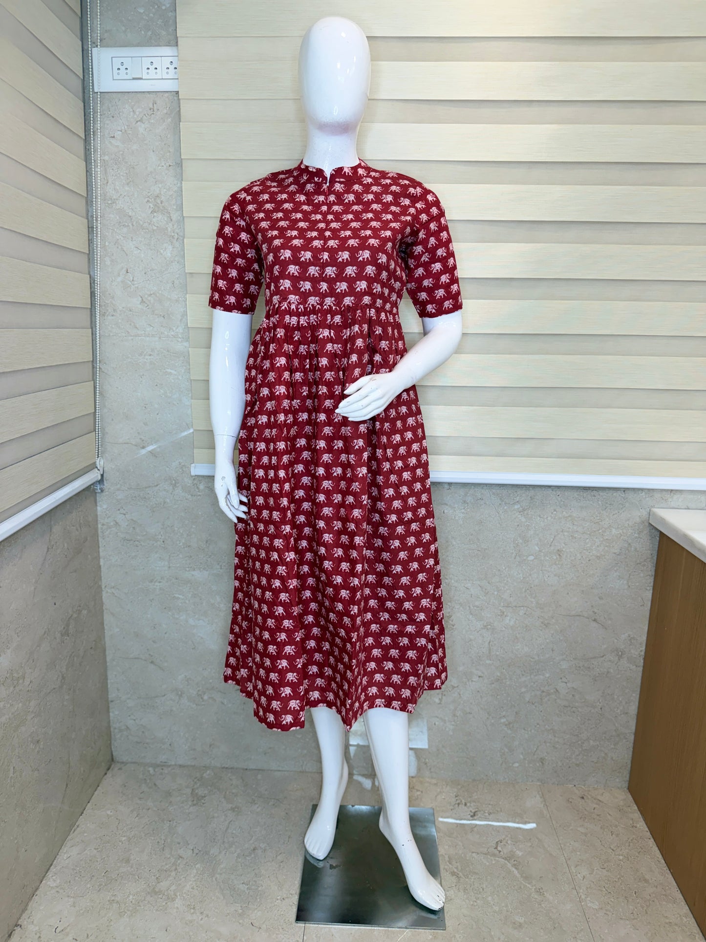 Maroon Elephant Print Cotton Maxi