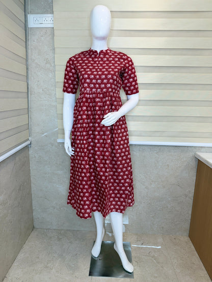Maroon Elephant Print Cotton Maxi