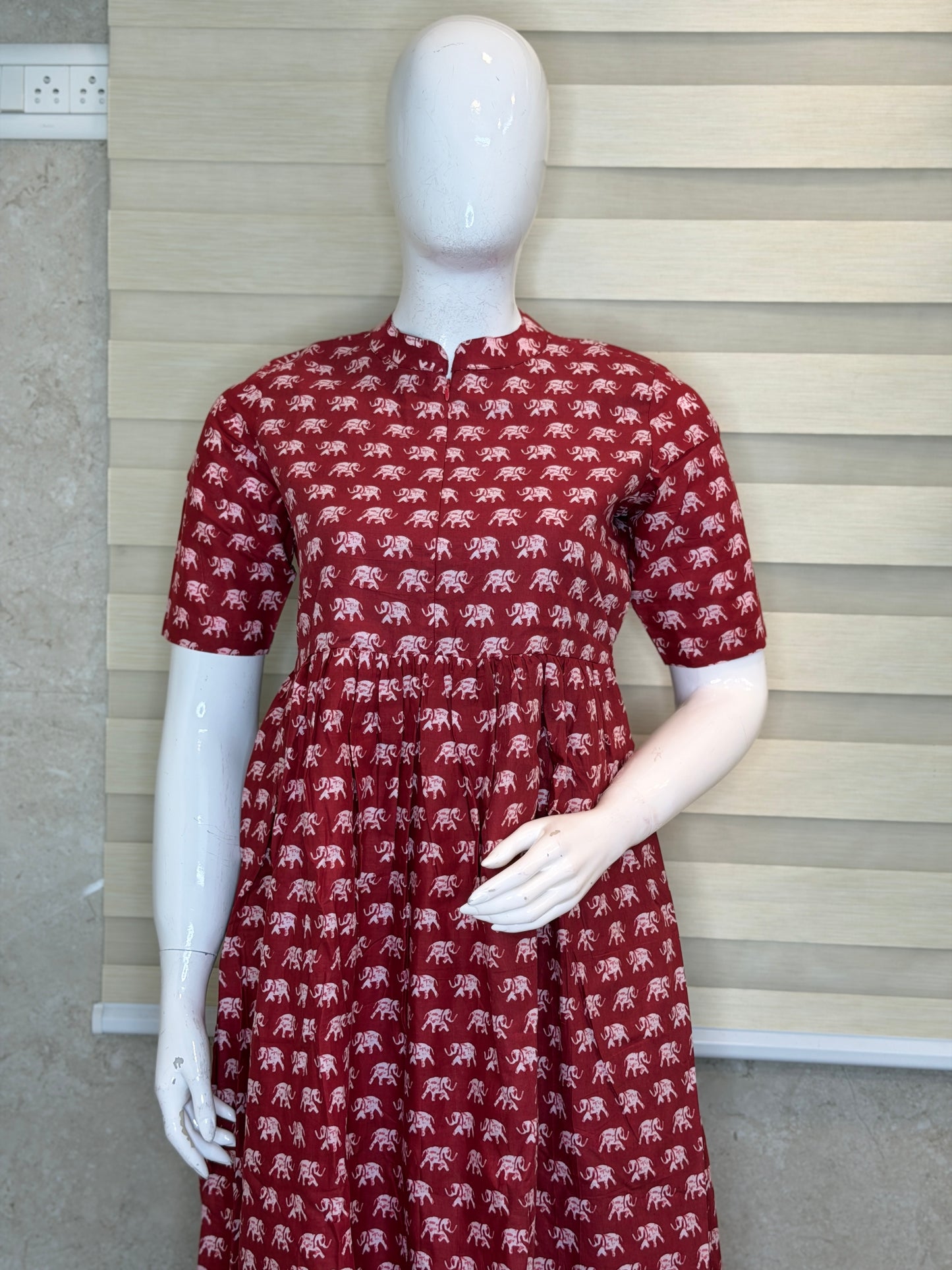 Maroon Elephant Print Cotton Maxi