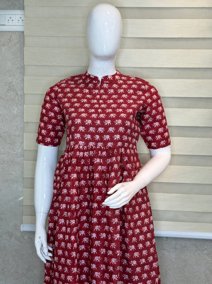Maroon Elephant Print Cotton Maxi