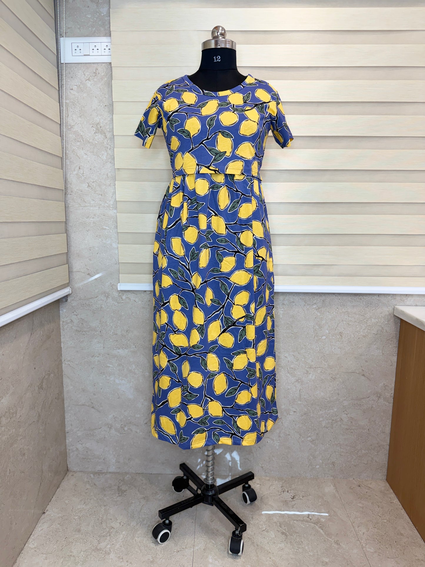 Blue Lemon Print Maternity Feeding Maxi