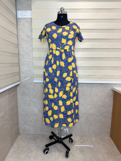 Blue Lemon Print Maternity Feeding Maxi