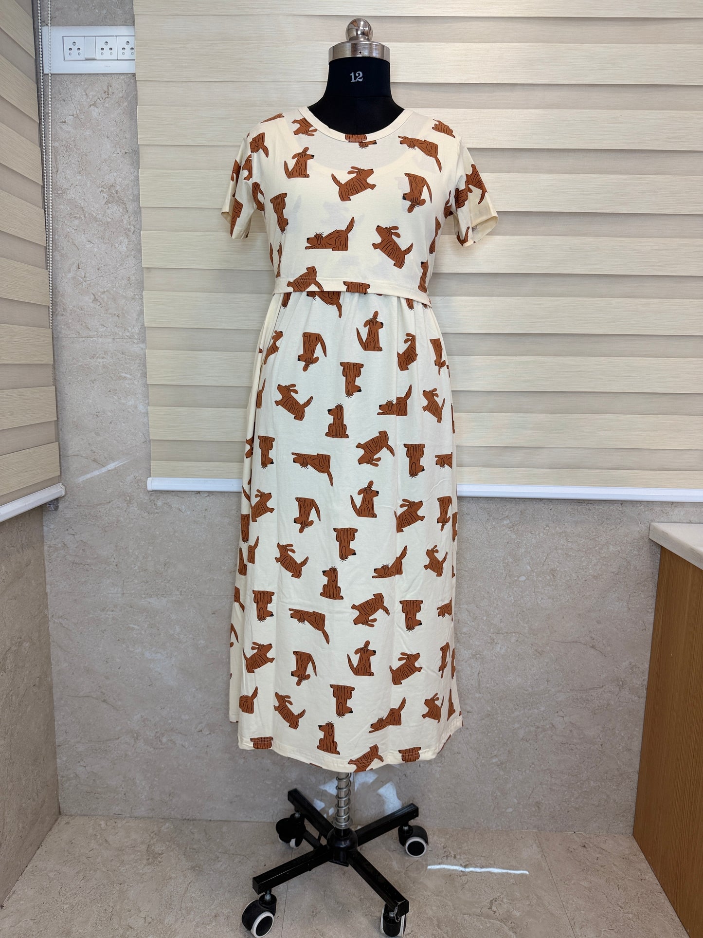 Cream Dog Print Maternity Feeding Maxi