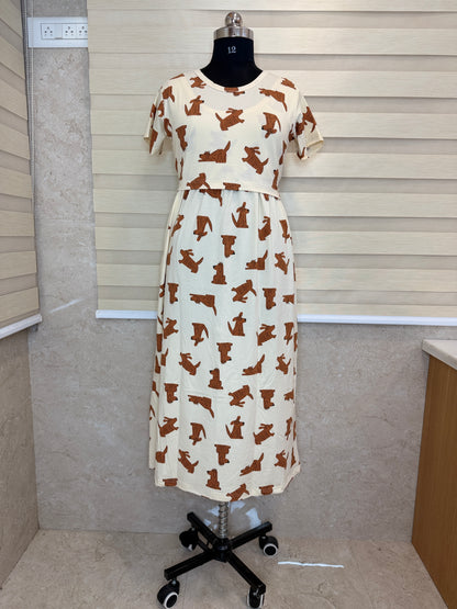 Cream Dog Print Maternity Feeding Maxi