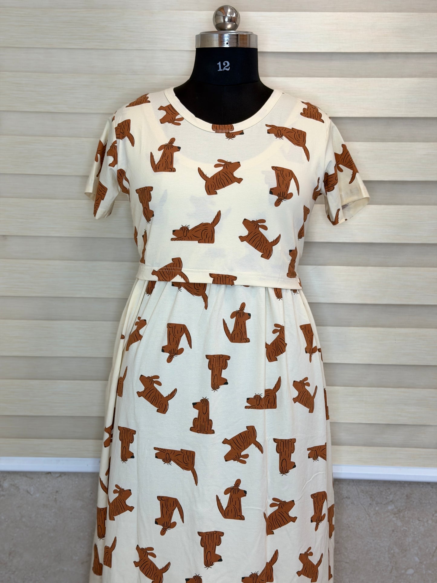 Cream Dog Print Maternity Feeding Maxi