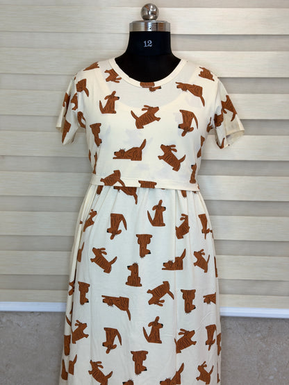 Cream Dog Print Maternity Feeding Maxi