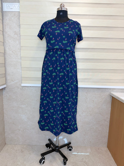 Navy Flamingo Print Maternity Feeding Maxi