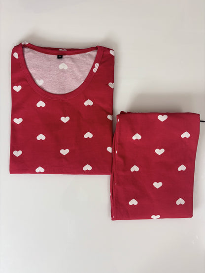 Red Heart Print Round Neck Half Sleeve T-Shirt & Full Pant Night Suit Set