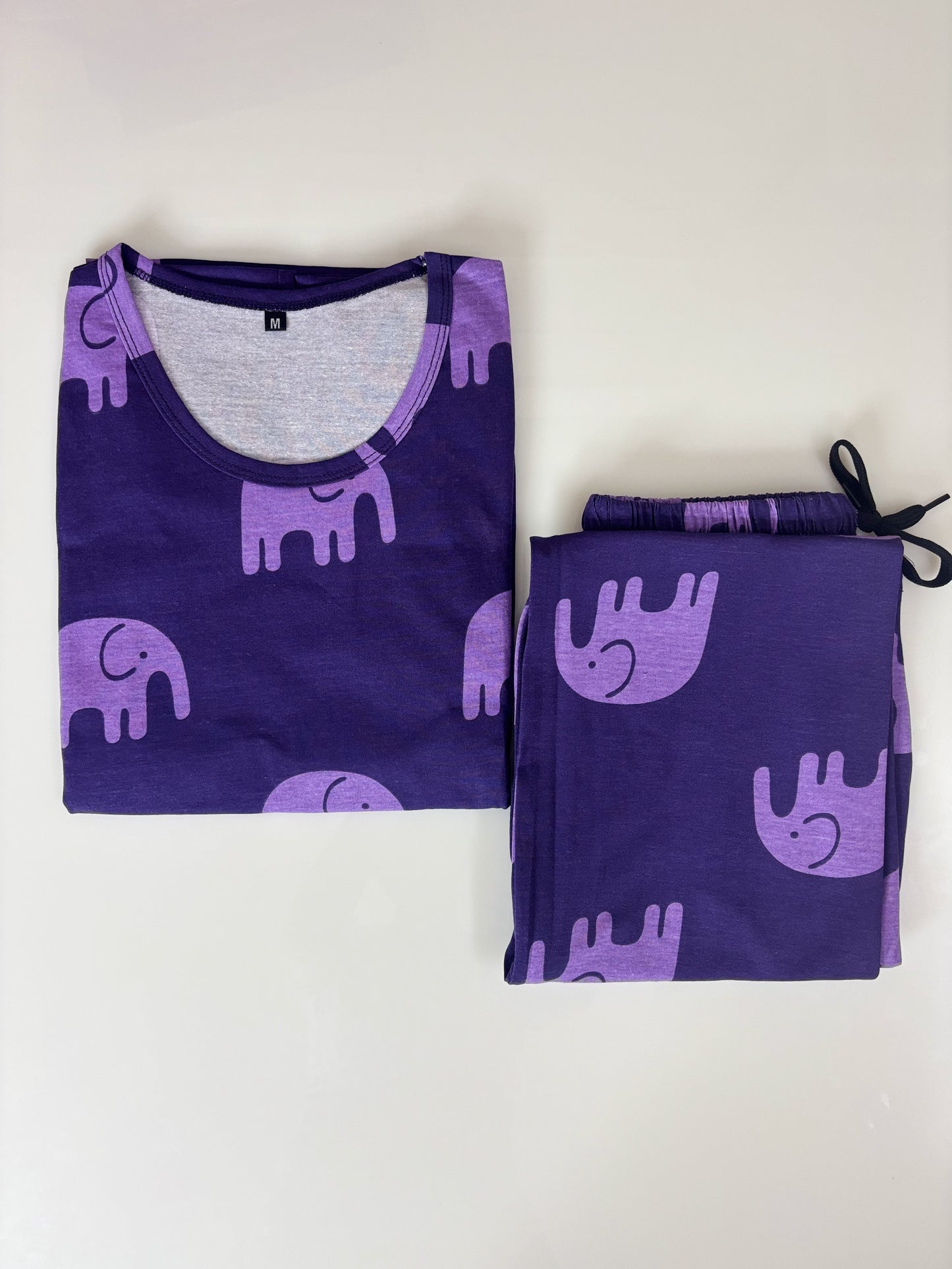 Purple Elephant Print Round Neck Half Sleeve T-Shirt & Full Pant Night Suit Set